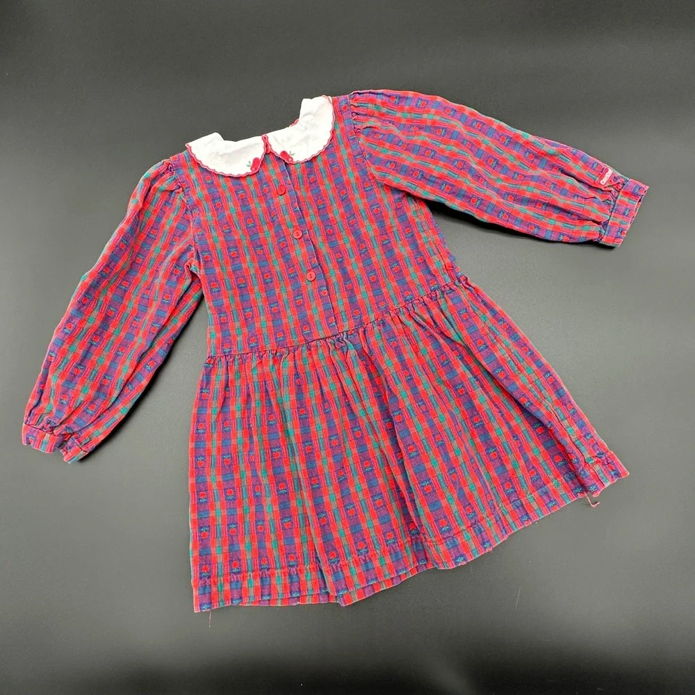 OshKosh B'gosh Plaid Apple Dress Long Sleeve Collared Button Front Drop‎ Waist